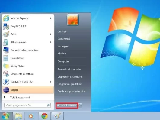 Pulsante arresta il sistema di Windows 7