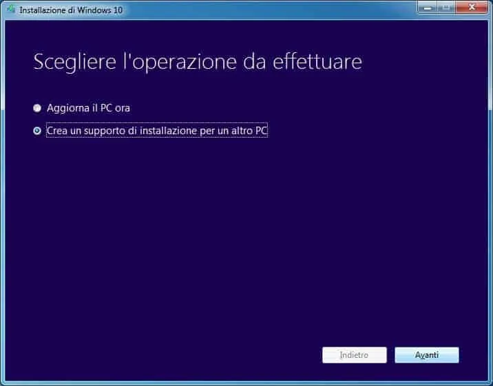 Scaricare Windows 10 gratis in italiano e legalmente. Scelta dell'operazione da effettuare.