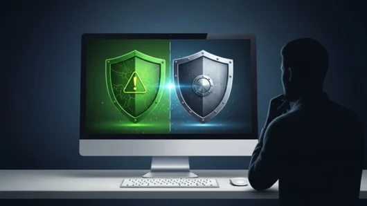 Confronto visivo tra una protezione antivirus gratuita e una protezione avanzata a pagamento su un computer desktop